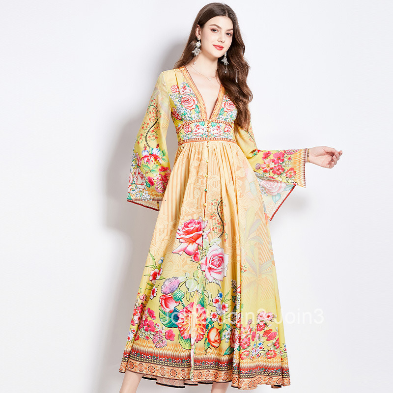 2537 Spring and Autumn New Womens Vacation Style Printed Elegant V-neck Long Sleeve Waist-cinching Flared Dress