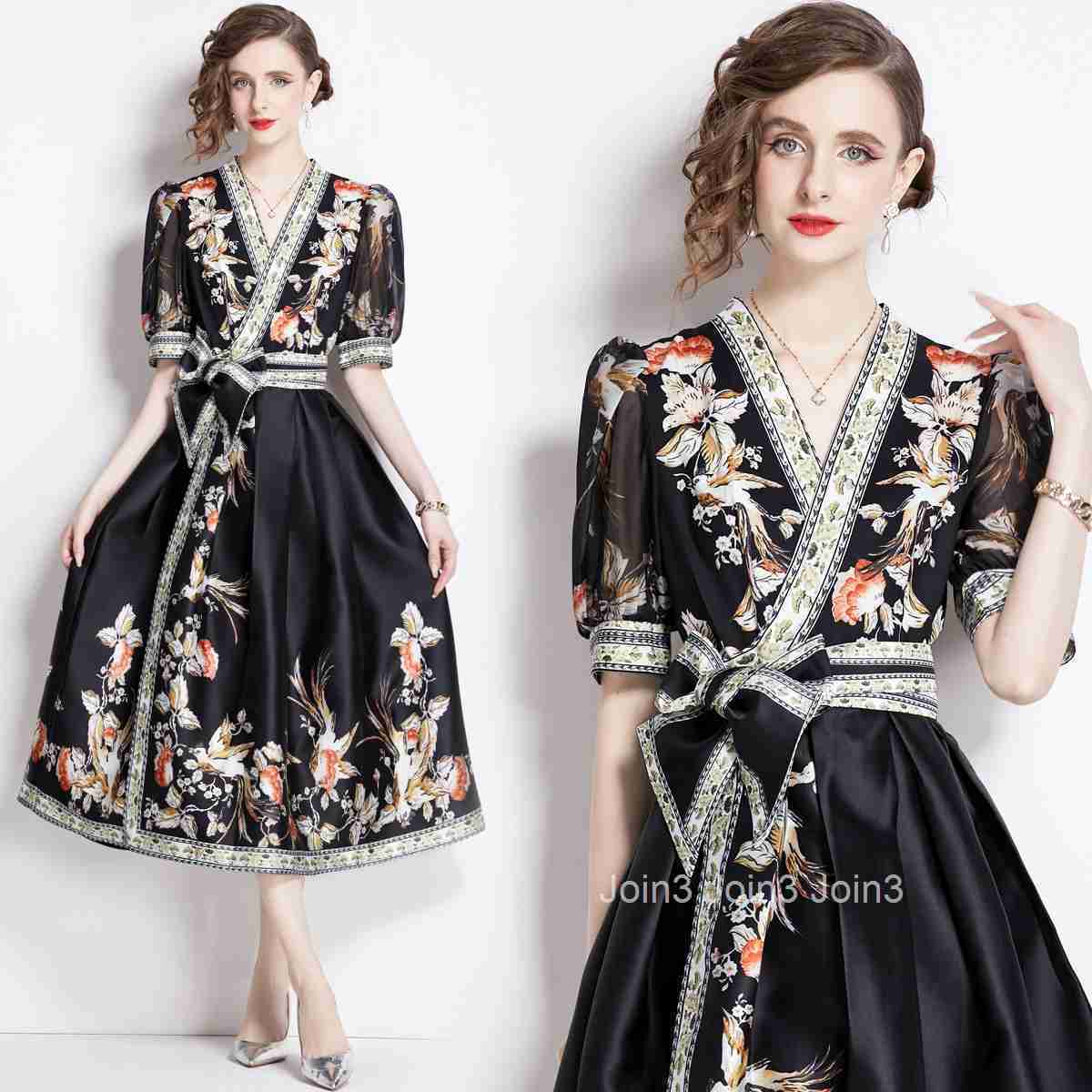 1651 Summer New Womens Elegance Style Printed Dress Waist up Dress V-neck Large Swing Long Dress