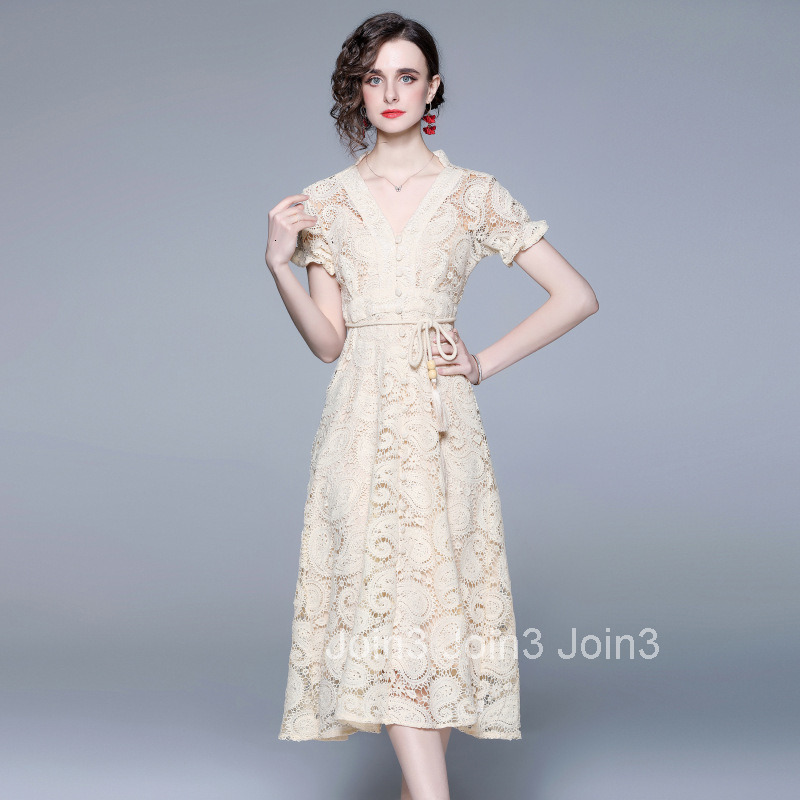 8326 Summer Heavy Craft French Court Lantern Sleeve Exquisite Water-Soluble Lace Long Dress with Waist Delivery
