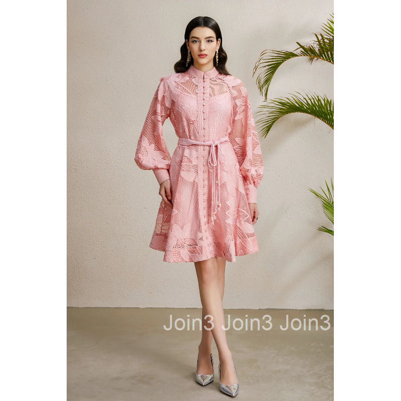 8872 Early Autumn Elegance Style Stand Collar Lantern Sleeve Gathered Wide Hem Three-Dimensional Lace Dress