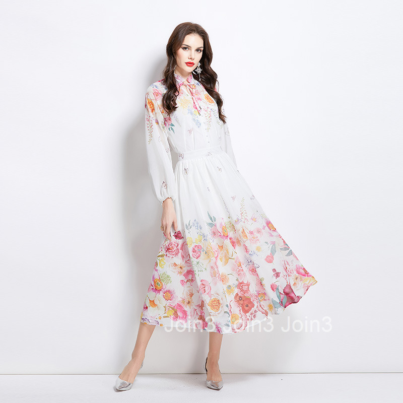 2758 Spring New Womens Fashion Elegant Lantern Sleeve Chiffon Blouse + High Waist Midi Skirt Two-Piece Set