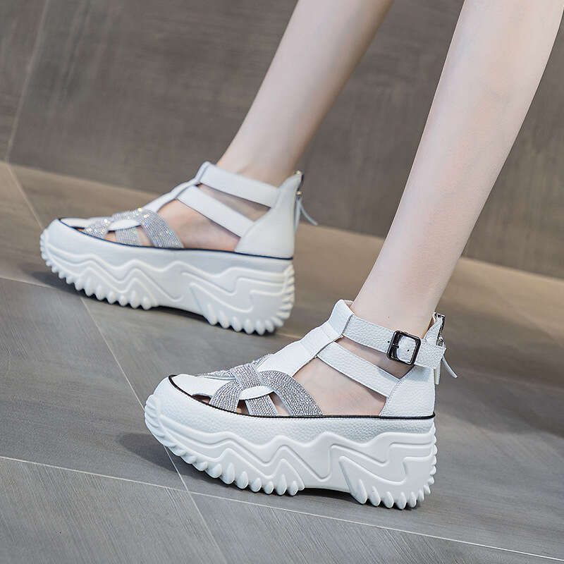 Women's Hidden Heel Sandals 2025 Summer Hollow Out Rhinestone Roman Sole Platform Versatile Closed-Toe Sports White Shoes