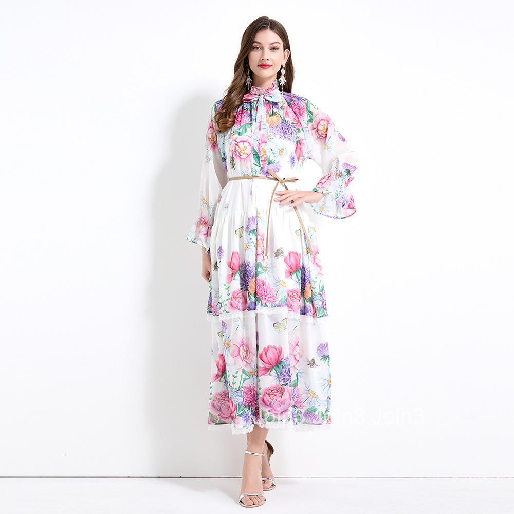 2170 Spring New Womens Fashion Elegant Vacation Style Lace Cake Dress Printed Waist-Cinching Long Dress - Two-Piece Set