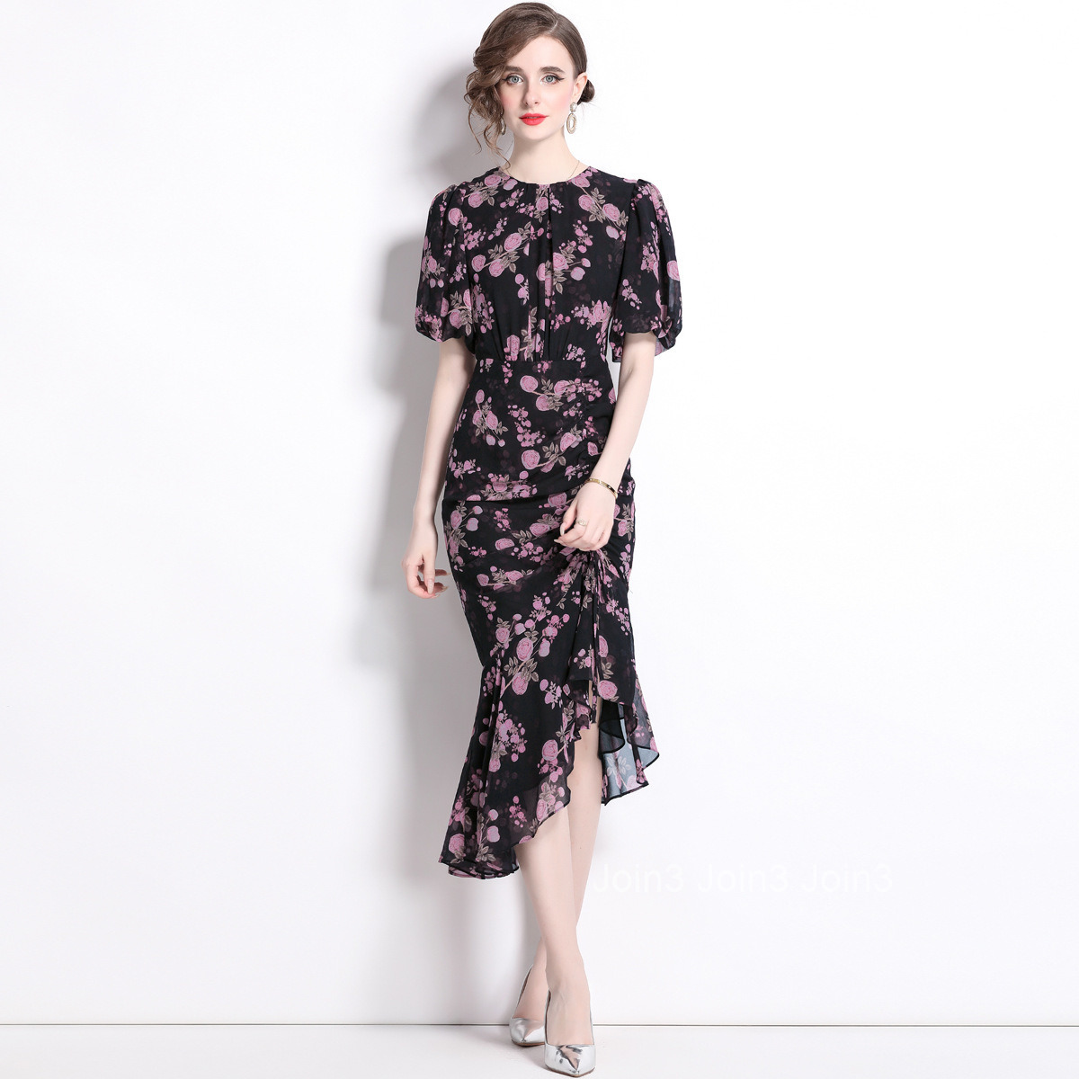 5835 Summer New Womens Fashion Elegant Mermaid Hem Floral Dress Lantern Sleeve Ruched Long Dress