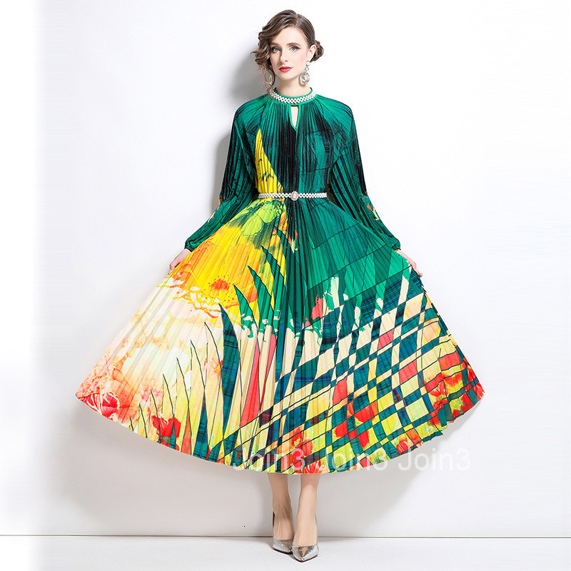 8810 Spring and Autumn new womens clothing temperament nail bead print pleated long skirt long sleeved dress