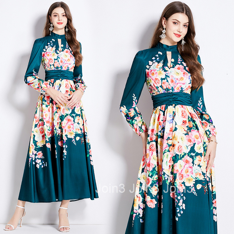 2546 Spring and Autumn New Womens Elegance Style Printed Dress Long Skirt with Temperament Waist cinching and slimming Dress