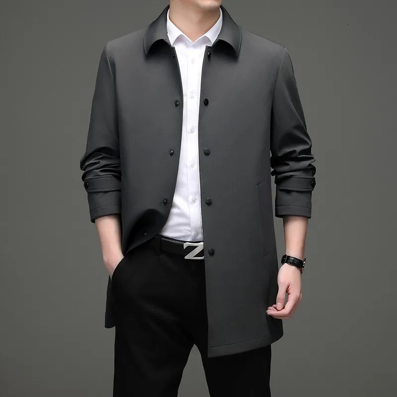 High quality Solid Trench Coats Mens Business Casual Fashion Wild Trench Turn-Down Collar Slim Trench Coat Male 250716