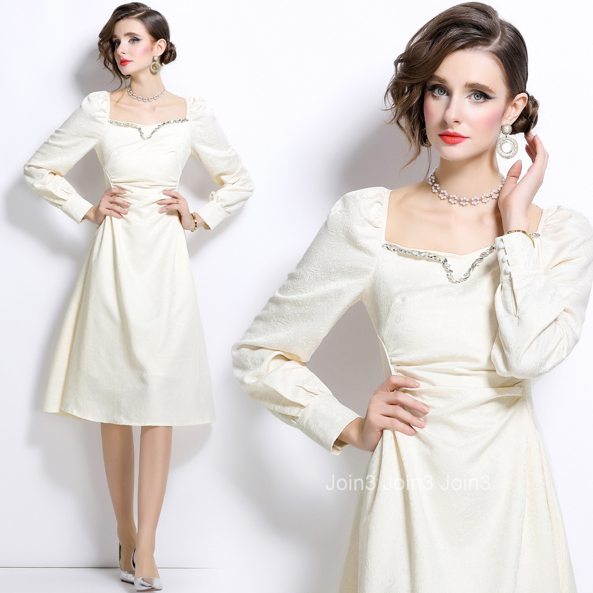 6895 Autumn New Womens Jacquard Nail Diamond Rice White Bubble Sleeve Dress with Mid length Waist