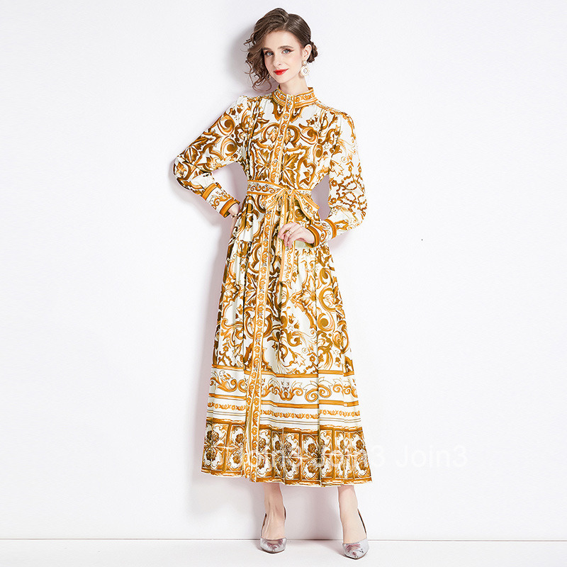 8740 Spring and Autumn New Womens Fashion Style Stand up Collar Single breasted Blue and White Porcelain Printed Long Dress