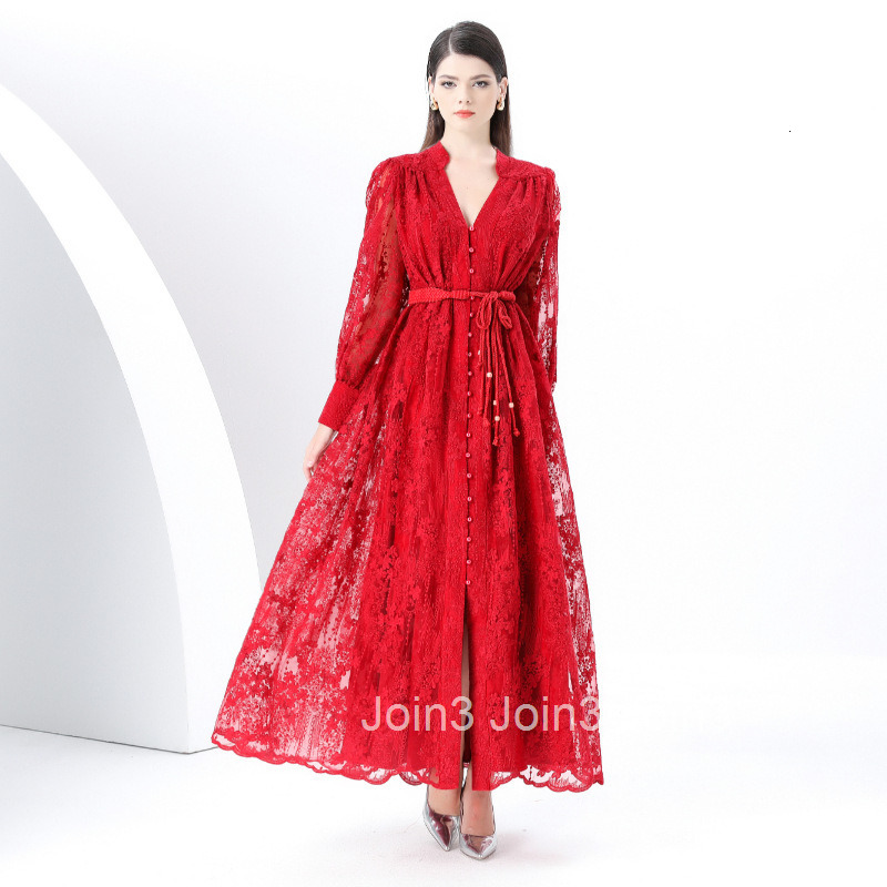 6280 Early Spring New Womens Elegance Style V-neck Lantern Sleeve Embroidered Large Hem Long Dress