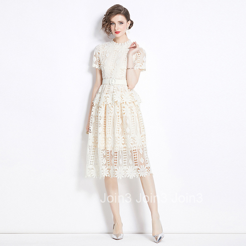 529 Summer New Womens Clothing Style Fashionable and Skinny Hollow out Water soluble Lace Short Sleeve Medium length Dress