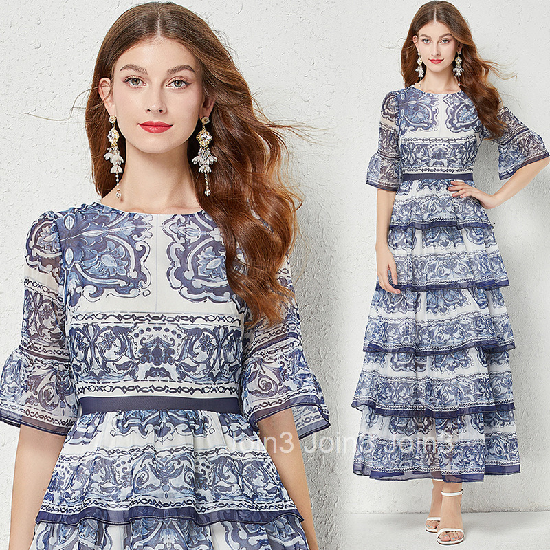 502 Summer New Womens Blue and White Porcelain Print Flared Sleeve 5-Layer Cake Dress Large Hem Long Dress