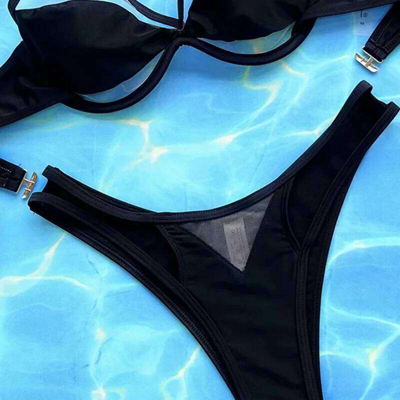 Mesh See Through Set Women Swimwear Bandage High Cut Thong Split Swimsuit 2025 New Bikini Push Up Sexy Two Pieces Sets