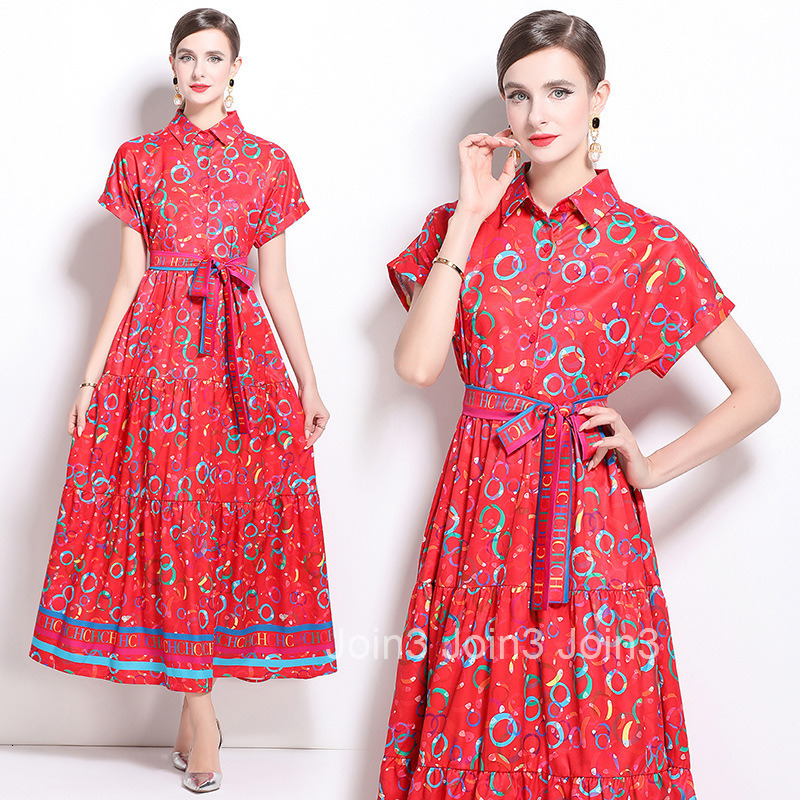 9890 summer new womens clothing fashionable temperament waist cinching and slimming printed large swing long skirt dress