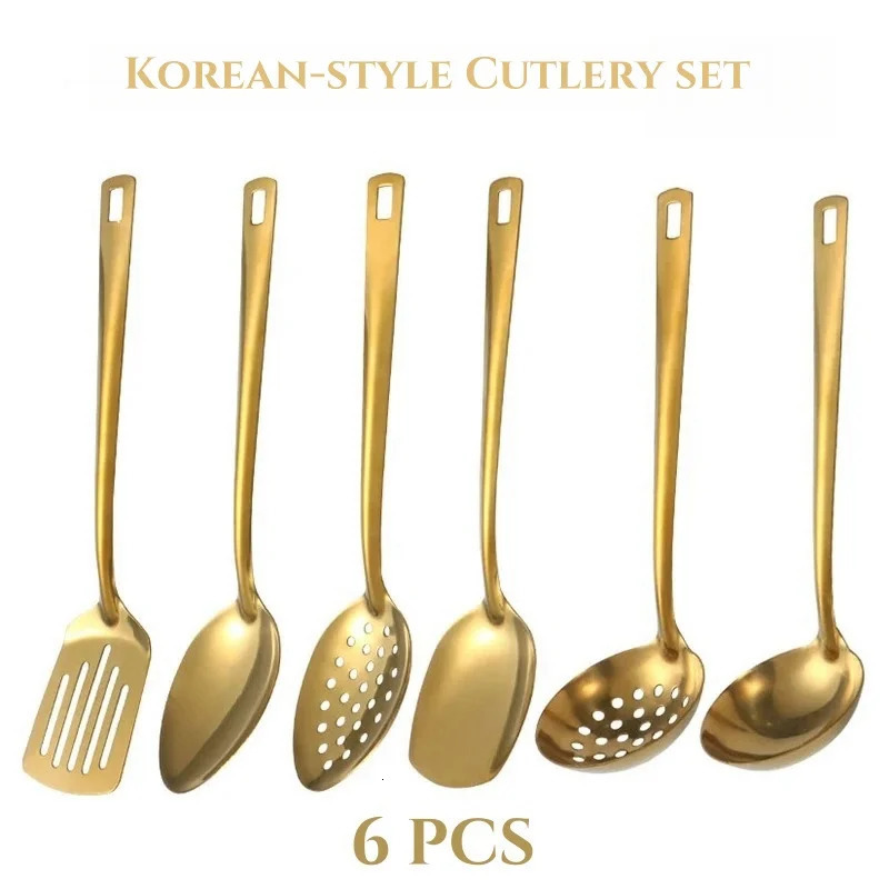 6pcs Stainless Steel Dinnerware Set Home Creative Korean Cutlery Golden Spoon Korean-style Pot Cutlery Set Kitchenware Set 250714