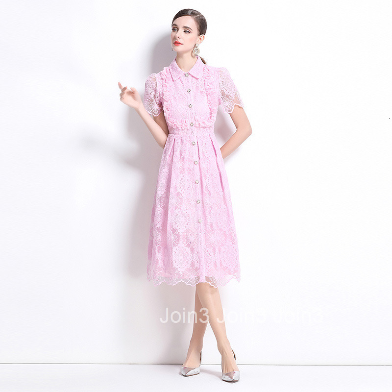 6953 Summer Dress French Elegant Heavy Lace Embroidery Turn-Down Collar Single-Breasted Waist-Cinching Slimming Formal Dress