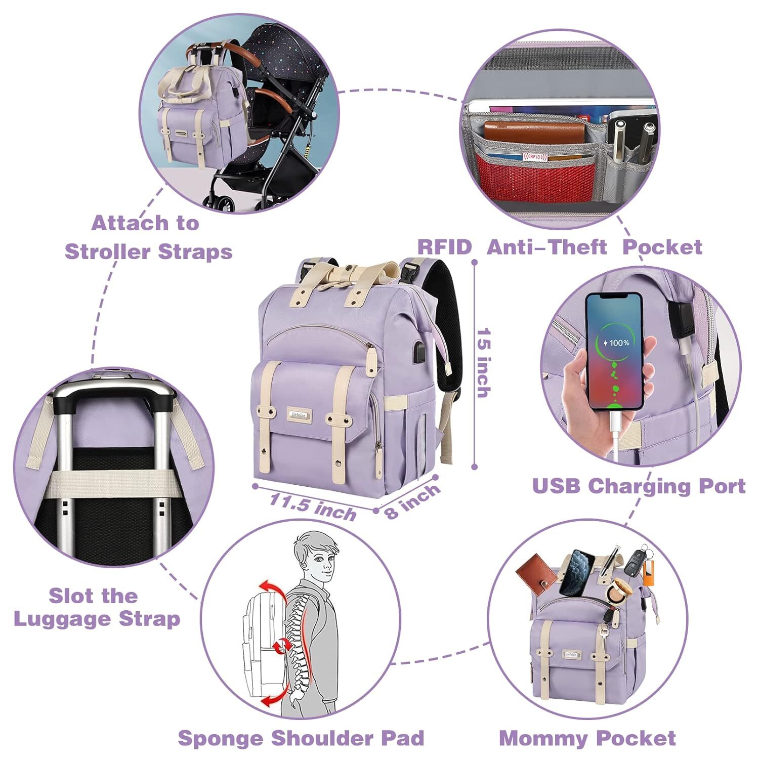 DHYMX Jiefeike Diaper Bag Backpack,Purple Travel Backpack for Dad Mom Boys Girls,Insulated Pockets Portable Baby designer bag Nappy Bags with USB Char