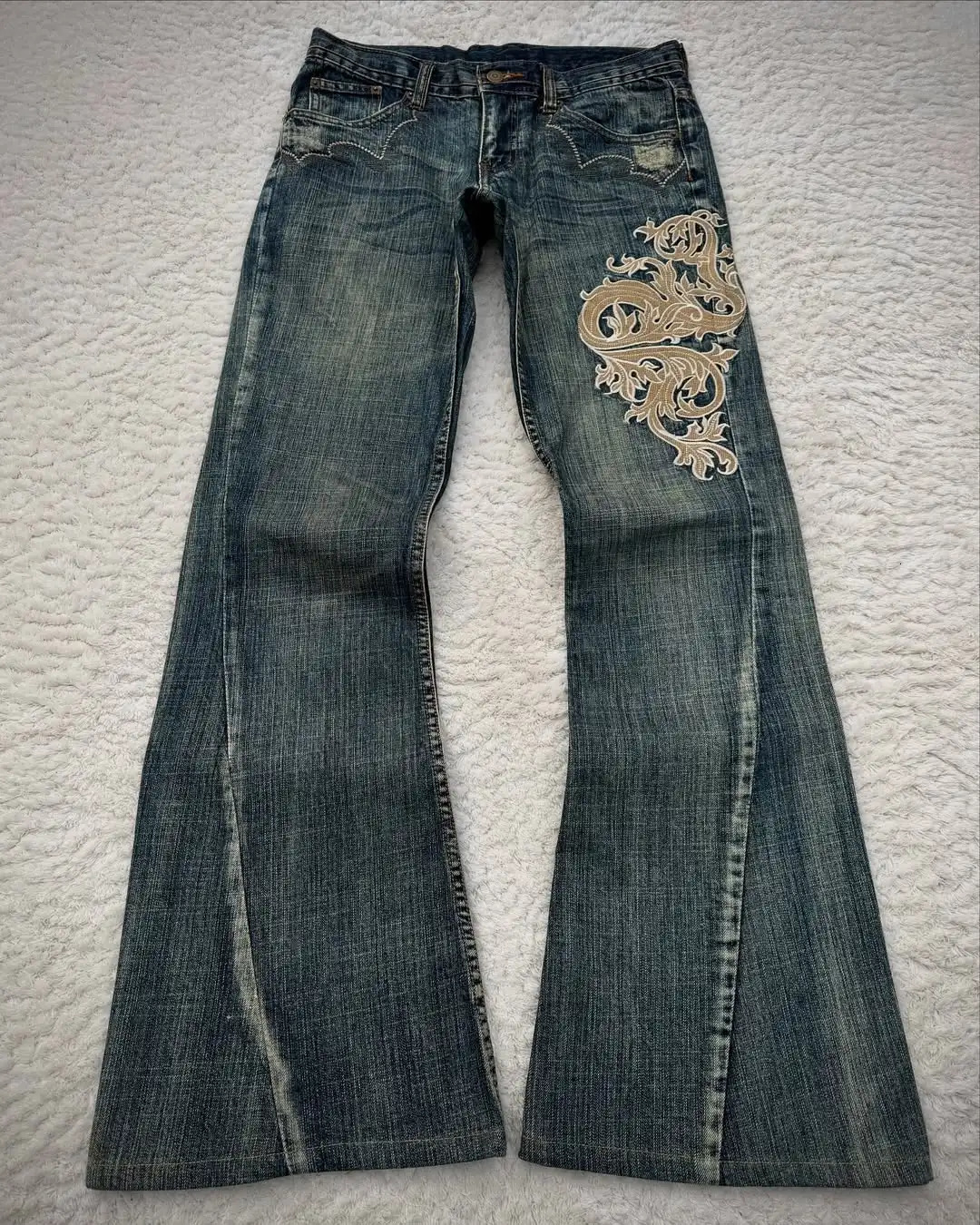 High Street Y2K Heavy Gradient Retro Rose Vine Mantle Thorn Embroidered Blue Washing Jeans Women Personalized Micro-flare Pants 250714