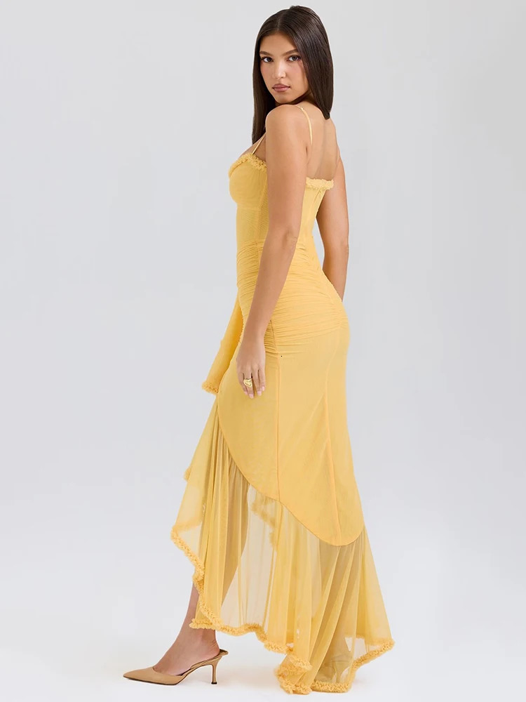 Mozision Ruffled Draped Ruched Sexy Maxi Dress For Women Yellow Spaghetti Strap Sleeveless Backless Club Party Sexy Long Dress 250715