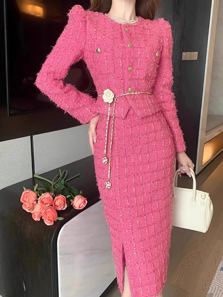 Autumn Fashion Rose Red Woolen Two Piece Dress Set For Women Golden Button Chain Belt Tweed Short Jacket Coat+Split Midi Skirt Suit