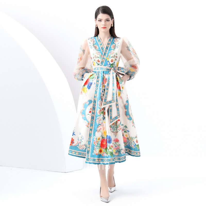 6016 Early Spring Vacation Wrap Tie Style Lantern Sleeve Long Printed Dress