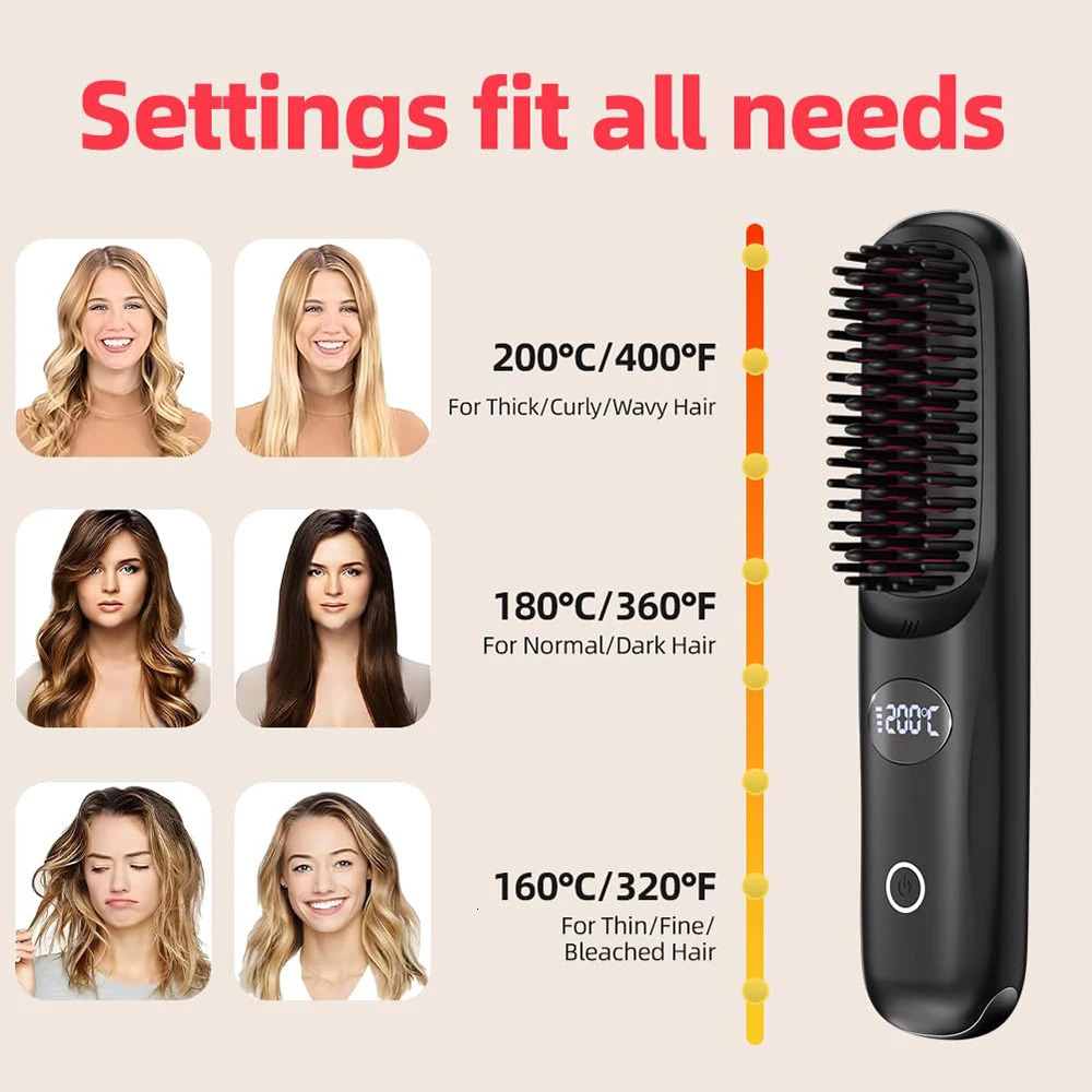Electric LCD Usb Ceramic Heating Straight Hair Comb Wireless Portable Negative Ion Styling Tool Rechargeable Straightening Brush 250717