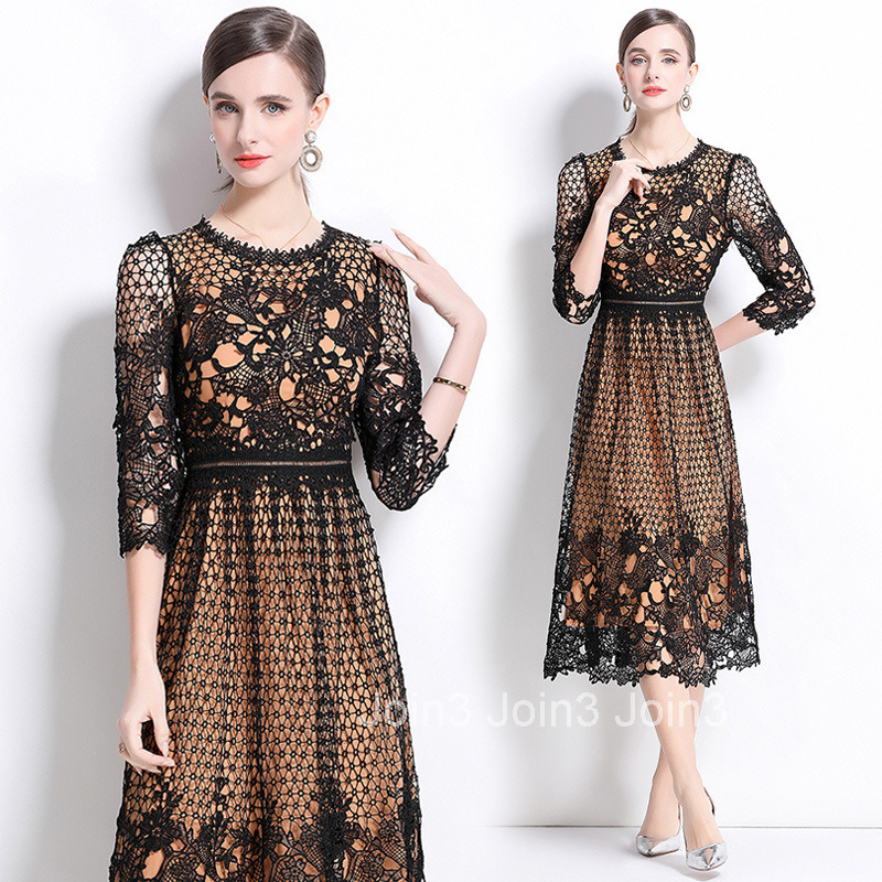 552 Mid-Length Sleeve Slimming Hollow Water-Soluble Lace Positioning Printed Mid-Length Dress