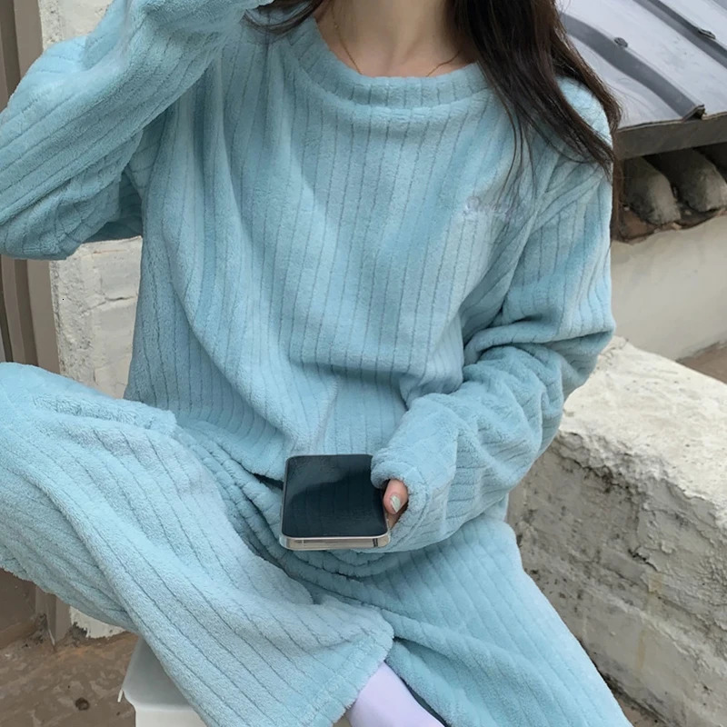 Autumn Women Solid Warm 2 Piece Sets Thicken Velvet Ribbed Fleece Set Pullover And Pant Casual Pajama 250717