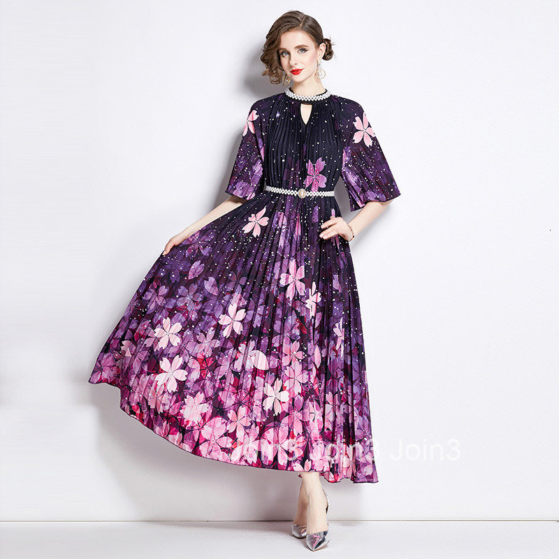 8720 summer new womens clothing style fashionable nail bead print pleated long skirt dress