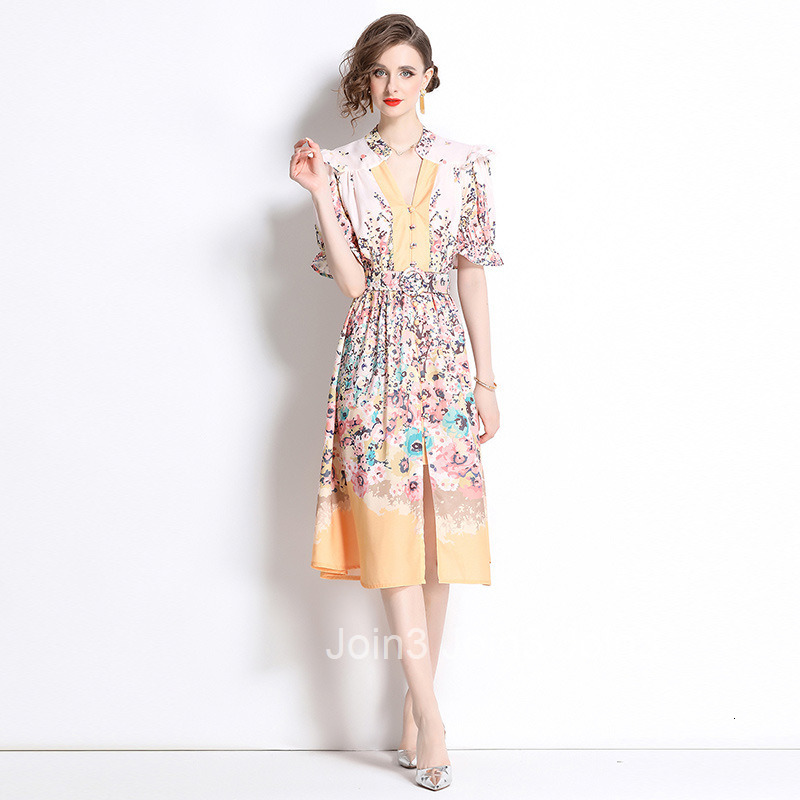 6060 Fashion Elegance Style Stand Collar Single-Breasted Printed Dress