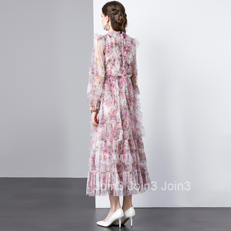 895 Autumn New Womens Fashion Purple Red Flower Printing Elegant Temperament Cake Long Dress