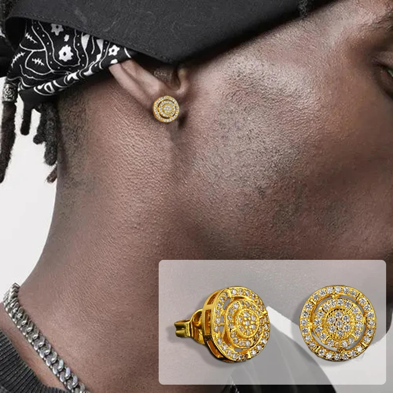 Shiny Round Earrings For Men Women Hippie AA Cubic Zirconia Gold Color Ear Stud Classic Simple Hip Hop Jewelry OHE167 250715