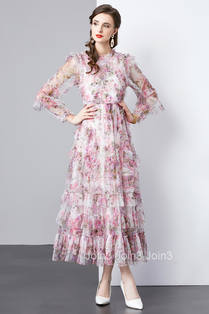 895 Autumn New Womens Fashion Purple Red Flower Printing Elegant Temperament Cake Long Dress