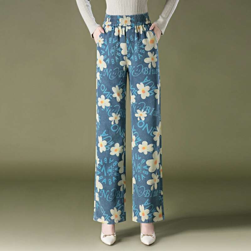 1008 Tencel Denim Printed Straight Wide-Leg for Women 2024 Autumn New Korean Style Casual Middle-Aged Women's Pants