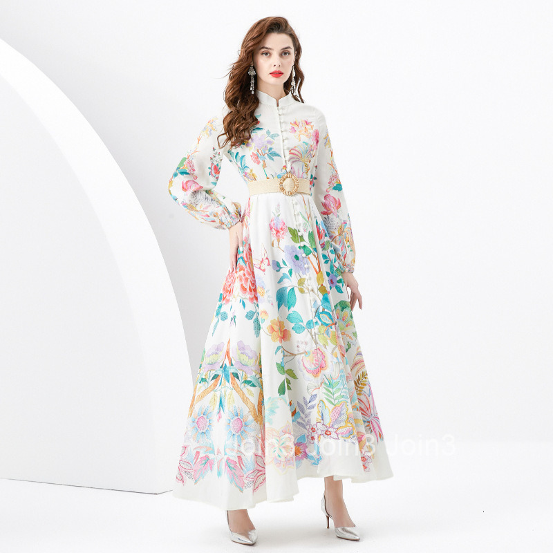 6236 Spring Summer New Womens Clothing Elegance Style Stand Collar Lantern Sleeve Flared Long Dress Printed Dress