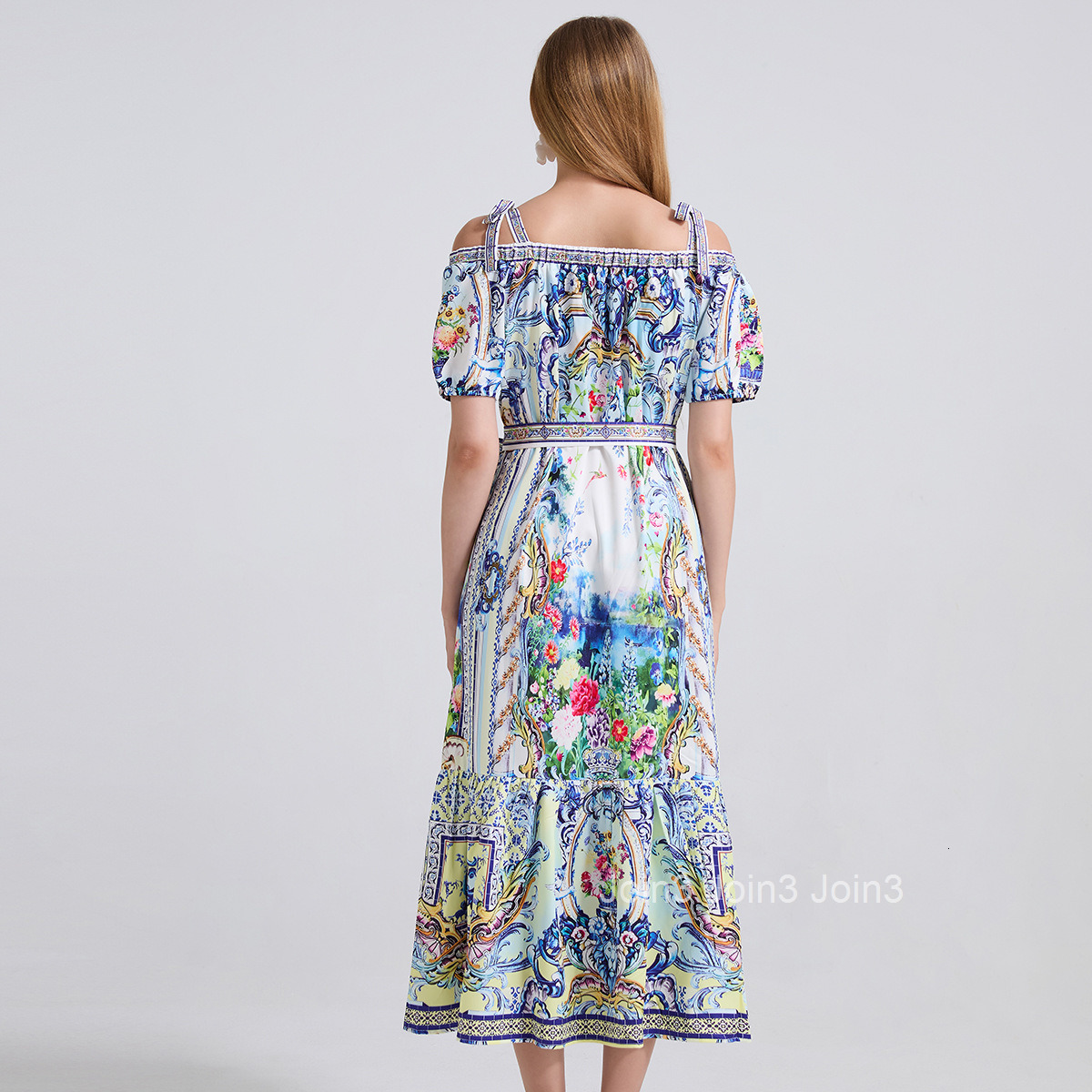 767 Positioning Printed Sexy Off-Shoulder Tie Loose Waist Dress Short Sleeve Long Dress
