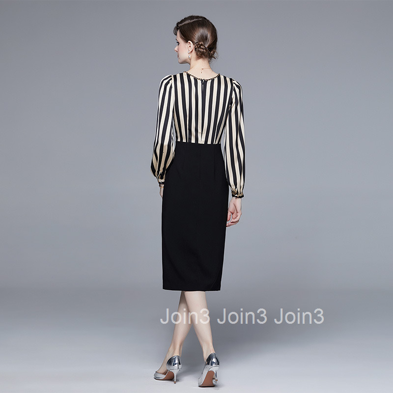 2025 Spring New Elegant Striped Fake Two-Piece Patchwork Long Sleeve Slim Fit Bodycon Dress