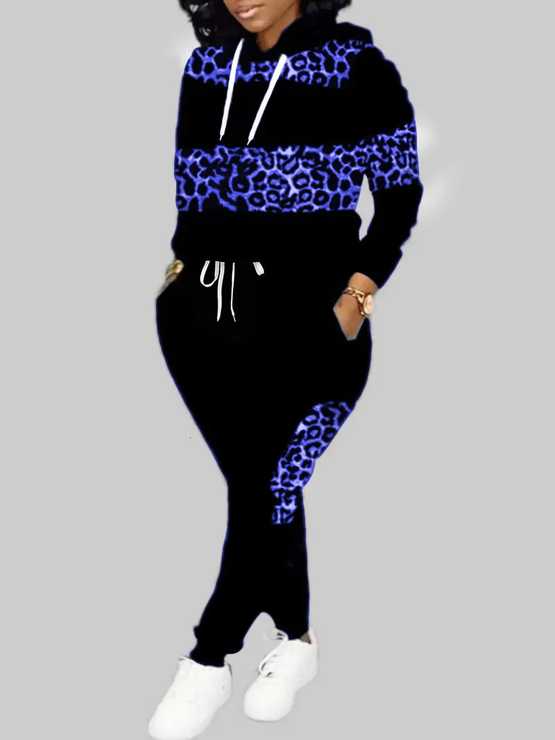 LW Plus Size Autumn Women Long Sleeves Two Pieces Hooded Collar Leopard Print Tracksuit Set Sweatshirts Pullover Hoodies Pant 250714