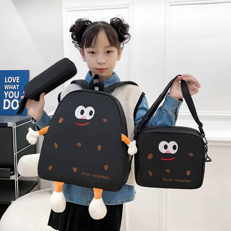 Cute Cartoon biscuit Child Backpack with Lunch Pencil School Bags for Boys Girls Gift Kindergarten schoolbags