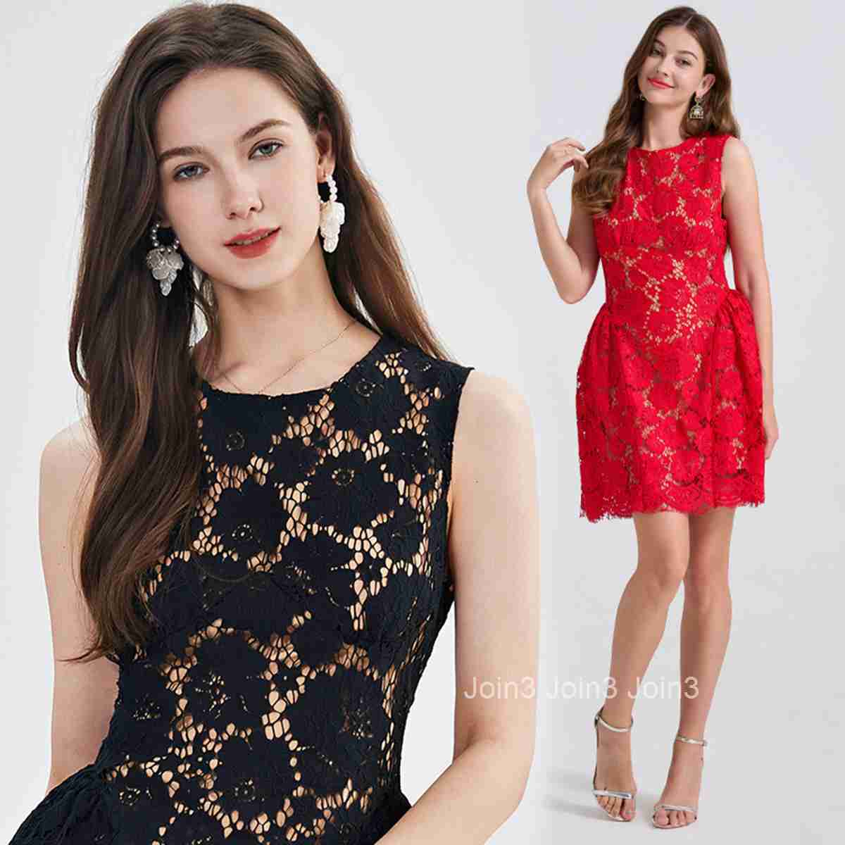 797 Lace Eyelash Puffy Vest Round Neck Dress Slim High Waist Dress