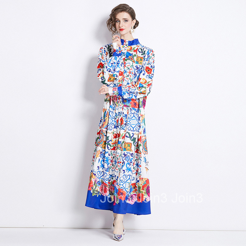 2082 Summer New Womens Fashion Stand Collar Single Breasted Tie Printed Long Dress