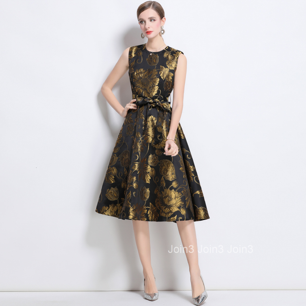 5867 New Jacquard Womens Waist-Cinching Flared Mid-Length Dress
