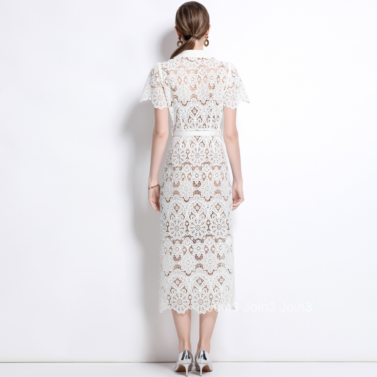 1698 Summer White Bow Tie Short Sleeve Single-Breasted Mid-Length Inner Slip Dress with Belt