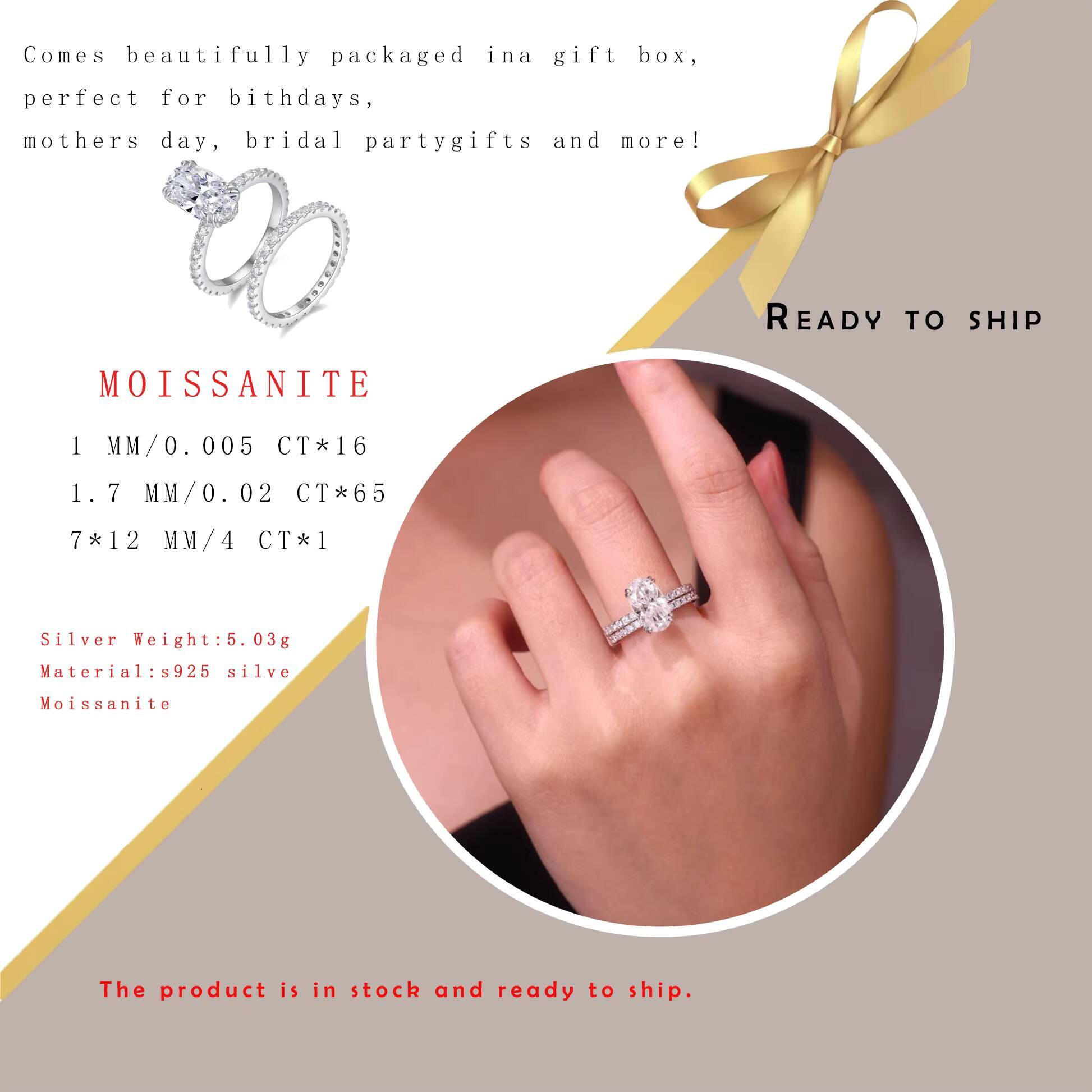 5.38CTW Oval Cut Moissanite Ring Set Egg Shape Center with Eternity Band 925 Silver Engagement Jewelry Gift for Women