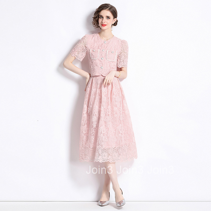 8562 Summer New Womens Fashionable Short Sleeve Set Water Soluble Lace Blouse + Skirt Two-Piece Set