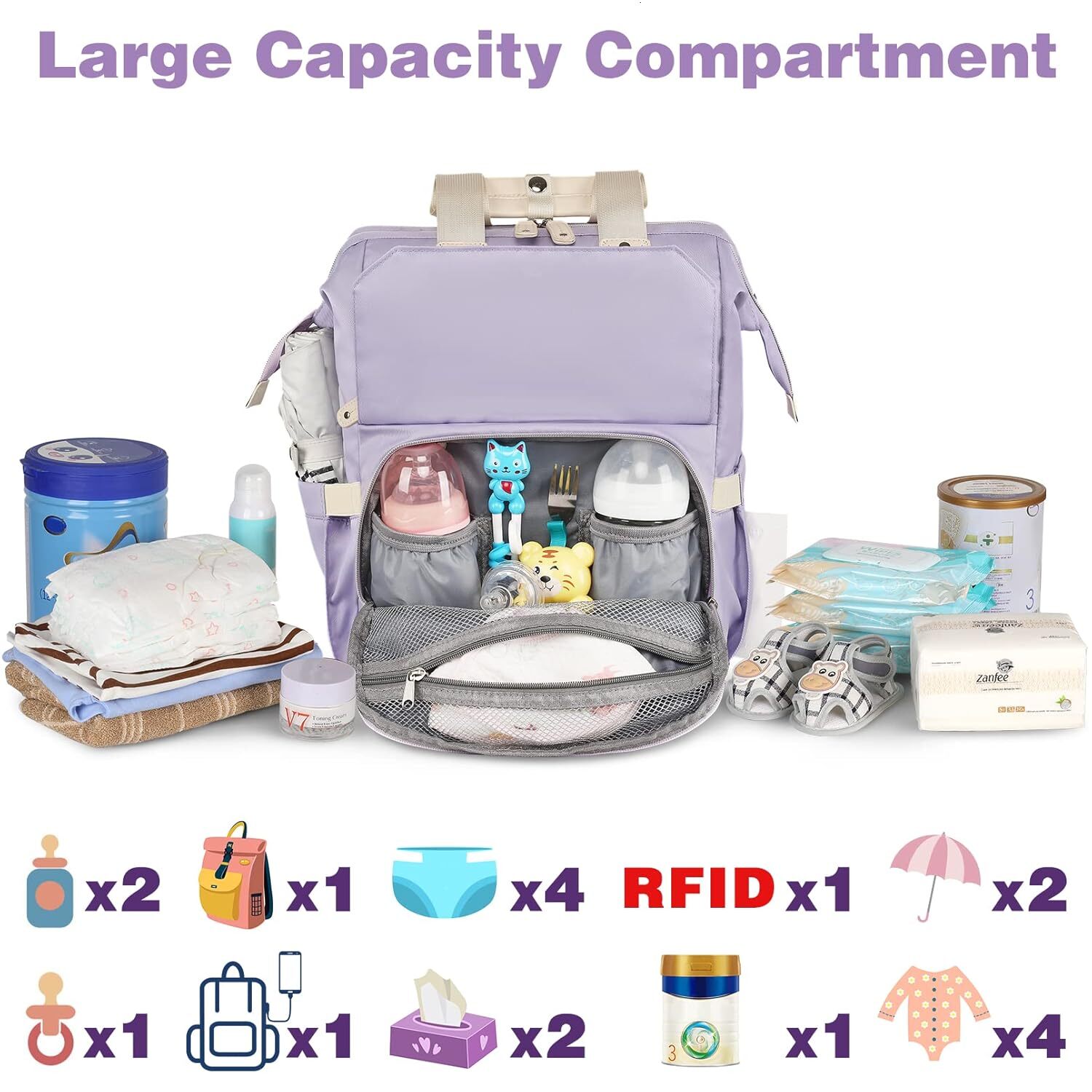 DHYMX Jiefeike Diaper Bag Backpack,Purple Travel Backpack for Dad Mom Boys Girls,Insulated Pockets Portable Baby designer bag Nappy Bags with USB Char