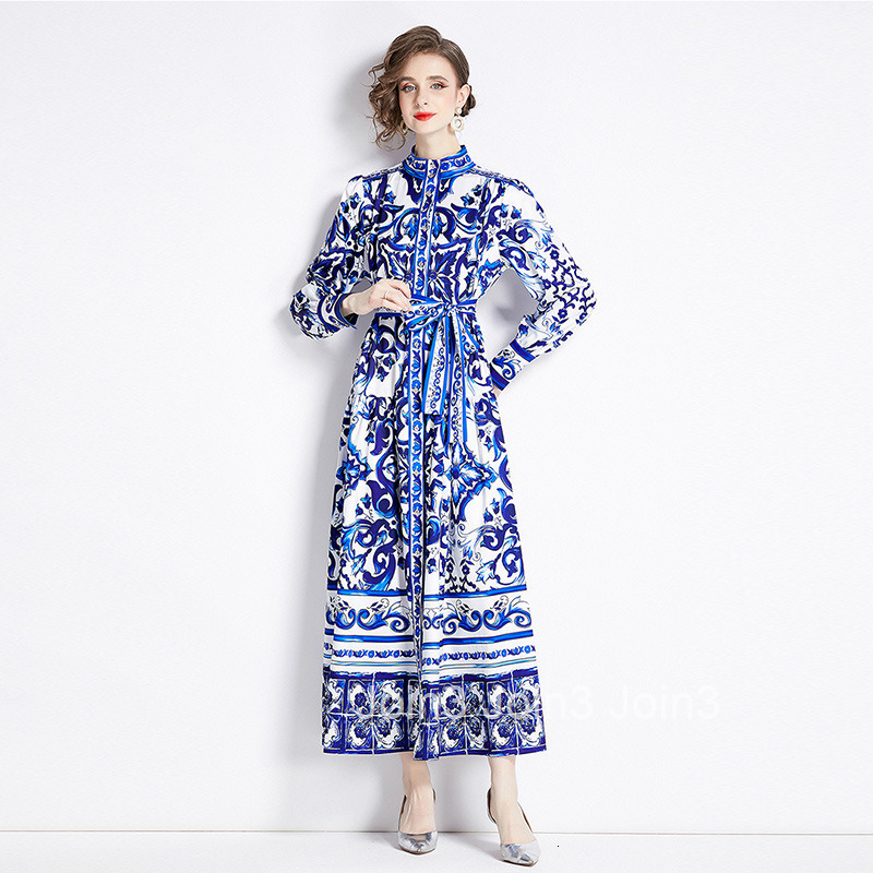 8740 Spring and Autumn New Womens Fashion Style Stand up Collar Single breasted Blue and White Porcelain Printed Long Dress