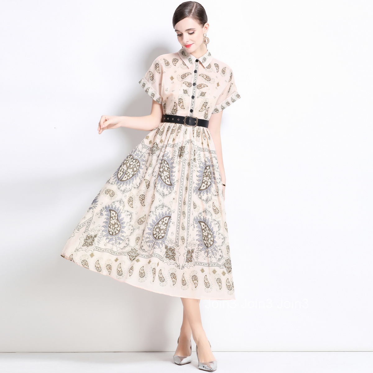 1685 Spring/Summer New Womens Style Printed Collar Short sleeved Long Skirt Dress (with Belt)