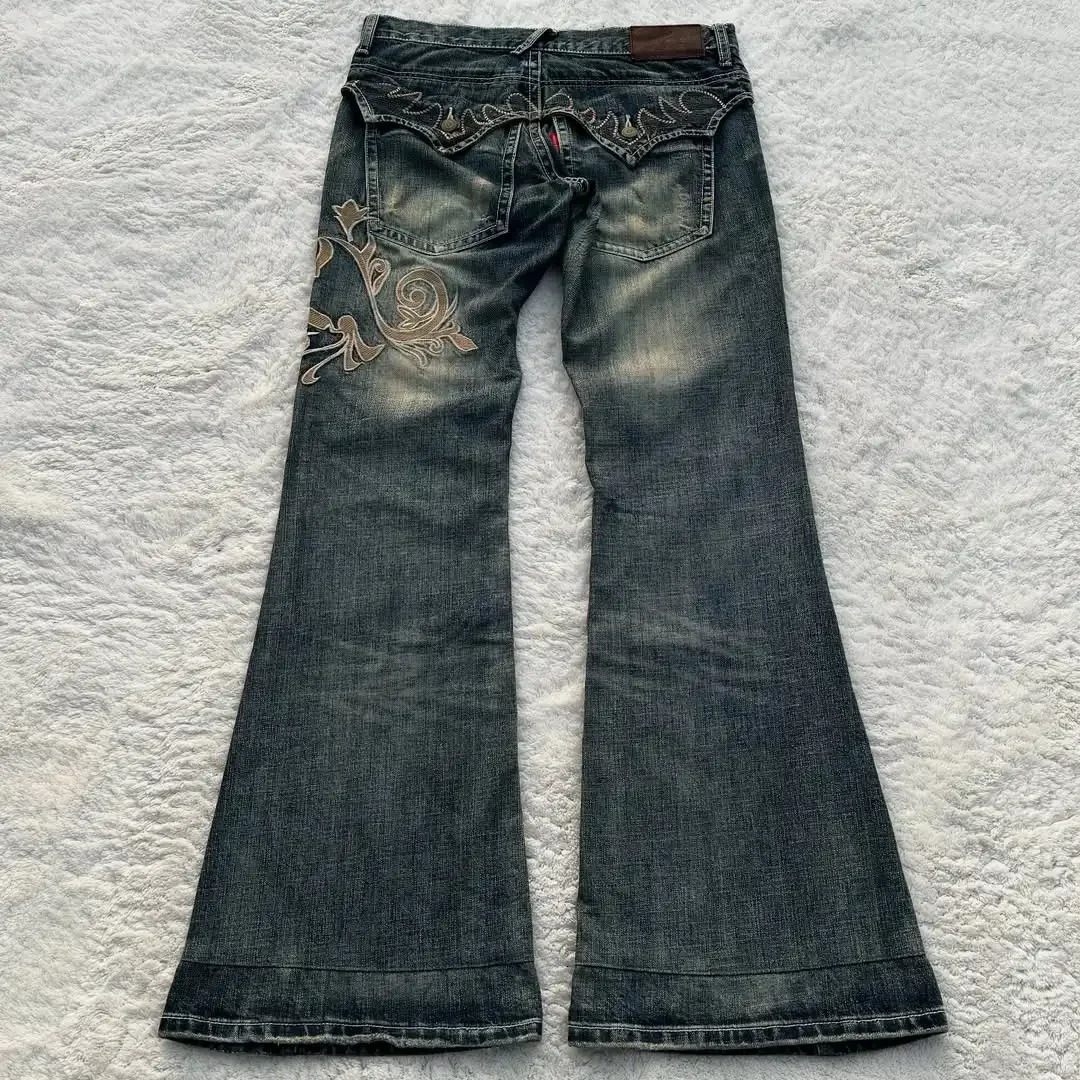High Street Y2K Heavy Gradient Retro Rose Vine Mantle Thorn Embroidered Blue Washing Jeans Women Personalized Micro-flare Pants 250714