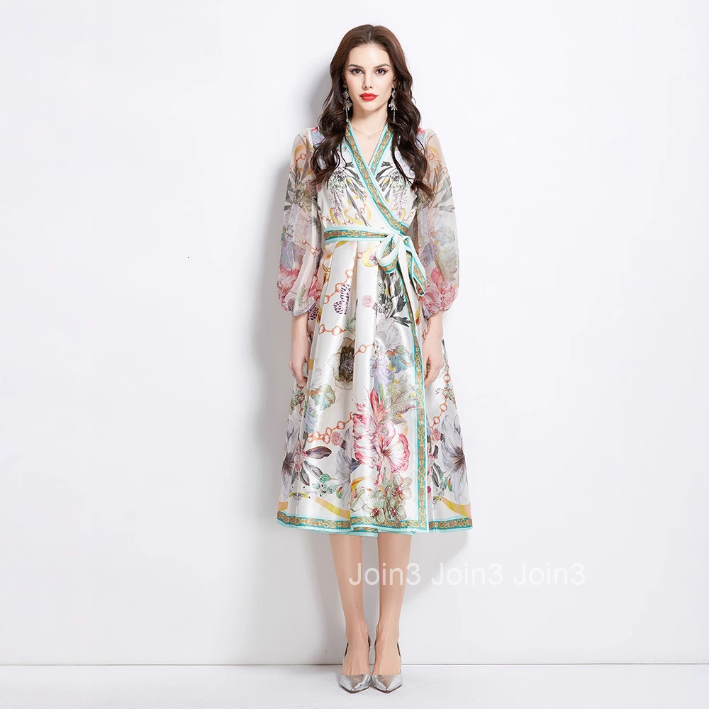 2736 Spring New Style Collar Ethnic Print Satin Wrap Long Dress